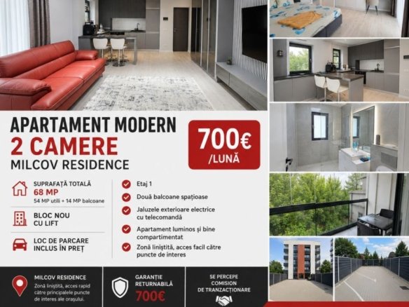 De inchiriat apartament cu 2 camere, Milcov Residence, et. 1, 700 euro