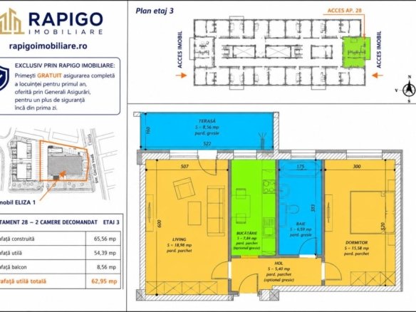 Apartamentul nr. 28 | 2 camere decomandat | Etaj 3 | Terasă 8,56 mp |