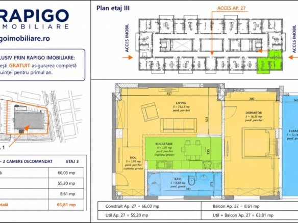 Apartamentul nr. 27 | 2 camere decomandat | Etaj 3 | Terasă 12,14 mp |