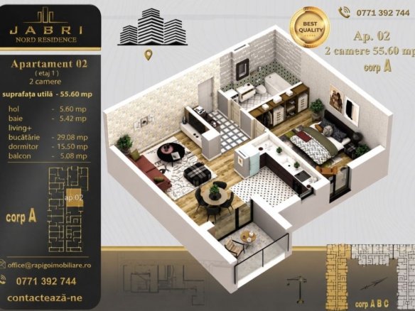 Apartament 02A, Corp A – 2 camere | 55,60 mp | Jabri Nord Residence