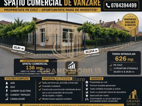 Teren intravilan-Spatiu comercial –Blascovici|626 mp|2 fronturi