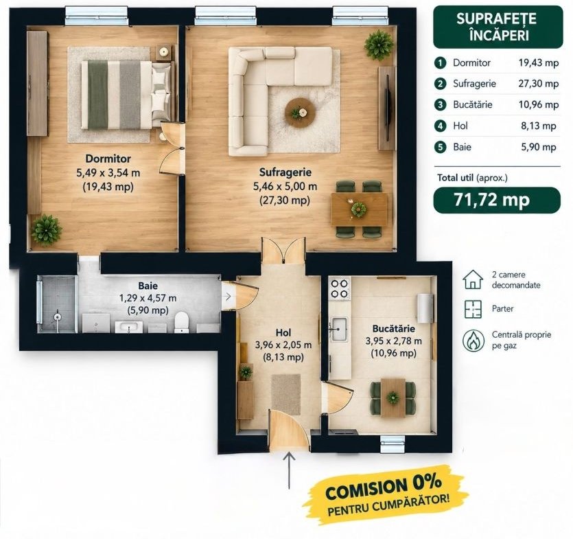 Apartament cu 2 camere la parter in Piata Catedralei Comision 0