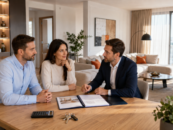 Cuplu care negociază prețul unui apartament împreună cu agentul imobiliar