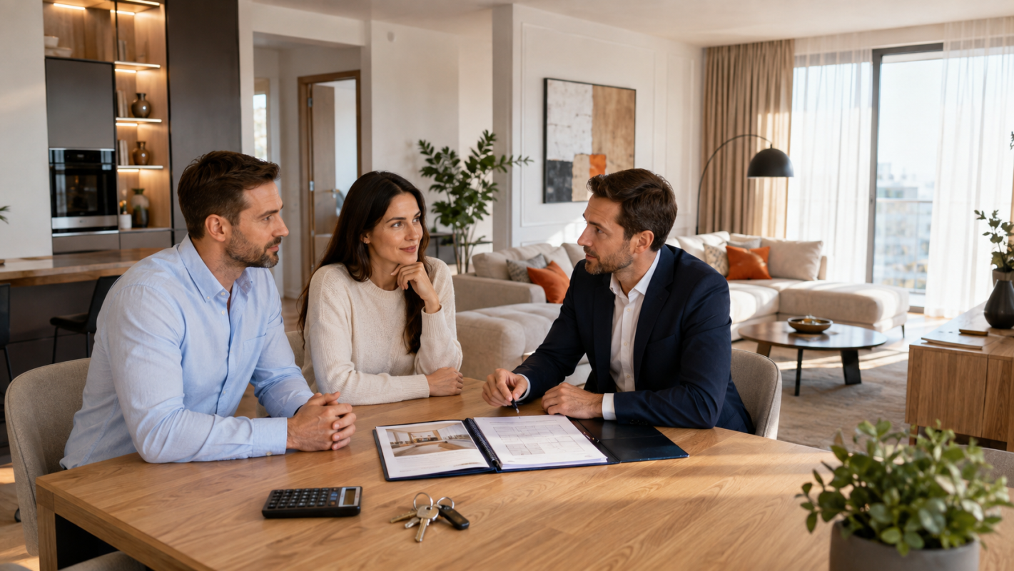 Cuplu care negociază prețul unui apartament împreună cu agentul imobiliar
