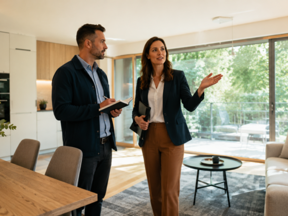 Cumpărător care pune întrebări agentului imobiliar în timpul vizionării unui apartament