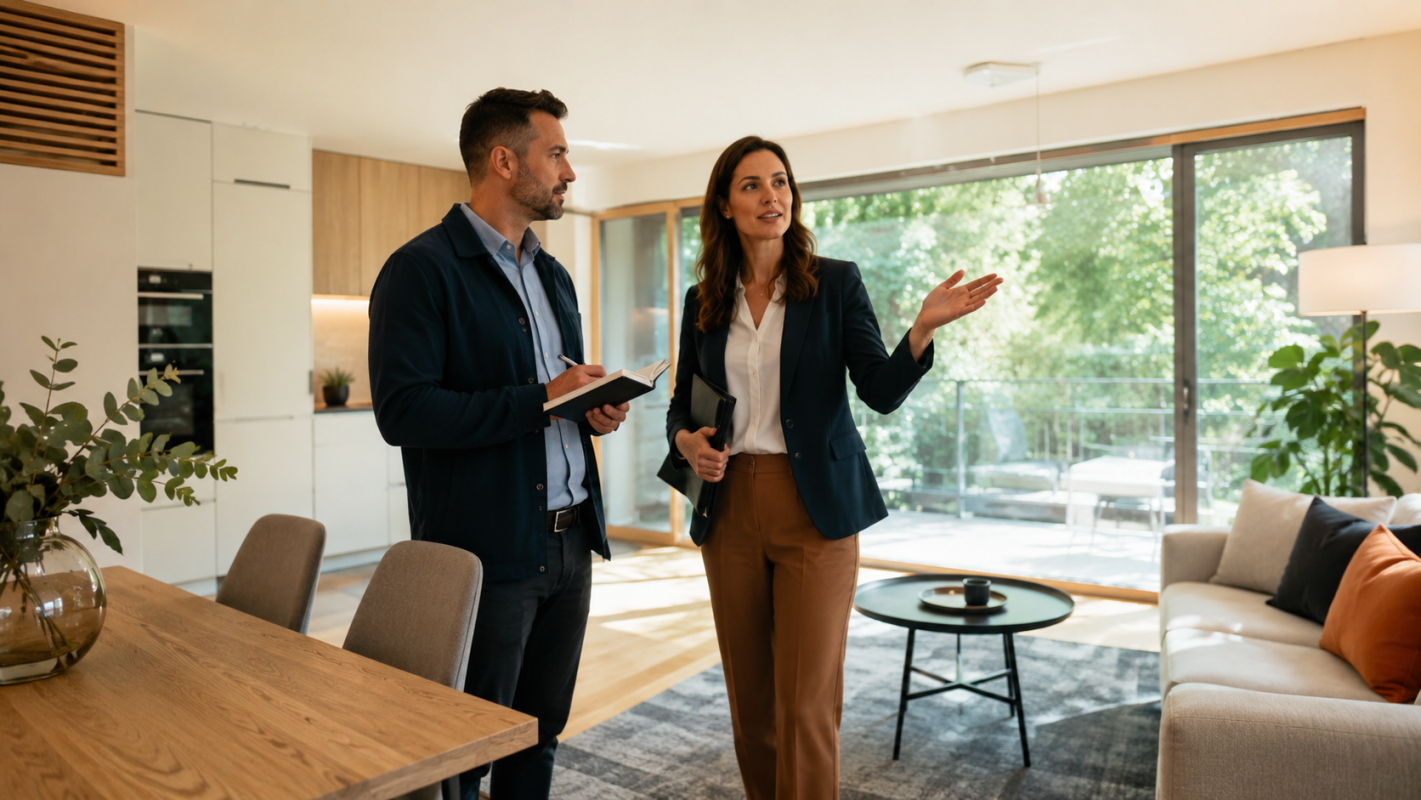 Cumpărător care pune întrebări agentului imobiliar în timpul vizionării unui apartament