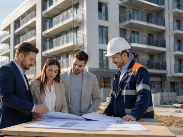 Cumpărători care verifică documentele unui dezvoltator imobiliar pe șantier