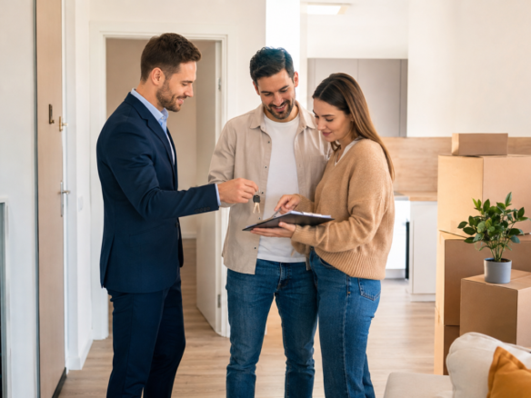 Cumpărători care verifică procesul-verbal și primesc cheile apartamentului