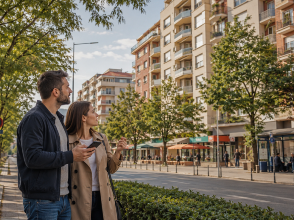 Cuplu care analizează zona și blocurile înainte de cumpărarea unui apartament
