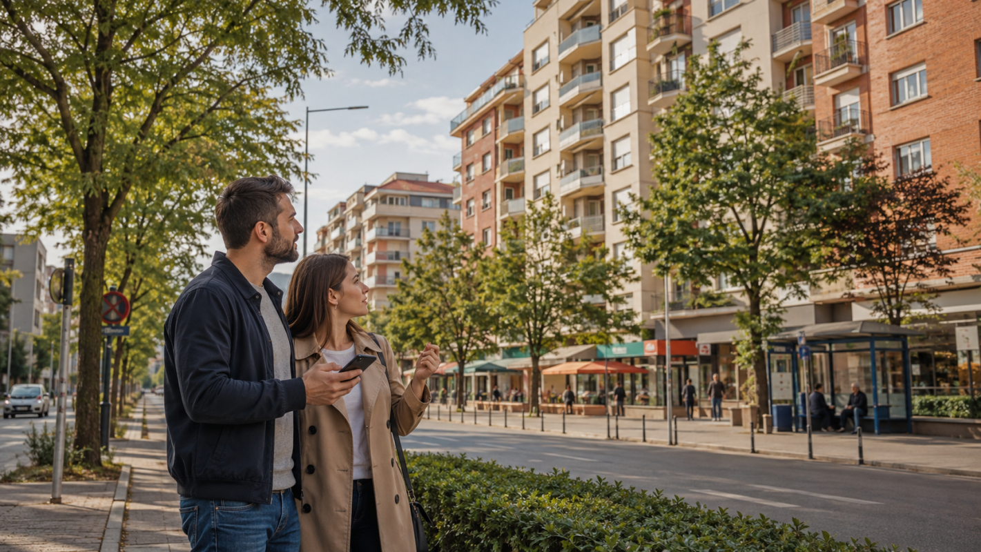 Cuplu care analizează zona și blocurile înainte de cumpărarea unui apartament