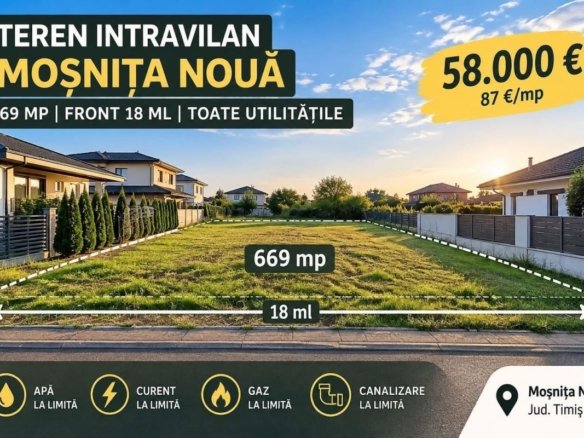 Teren intravilan 669 mp | Front 18 m | Moșnița Nouă | 58.000 €