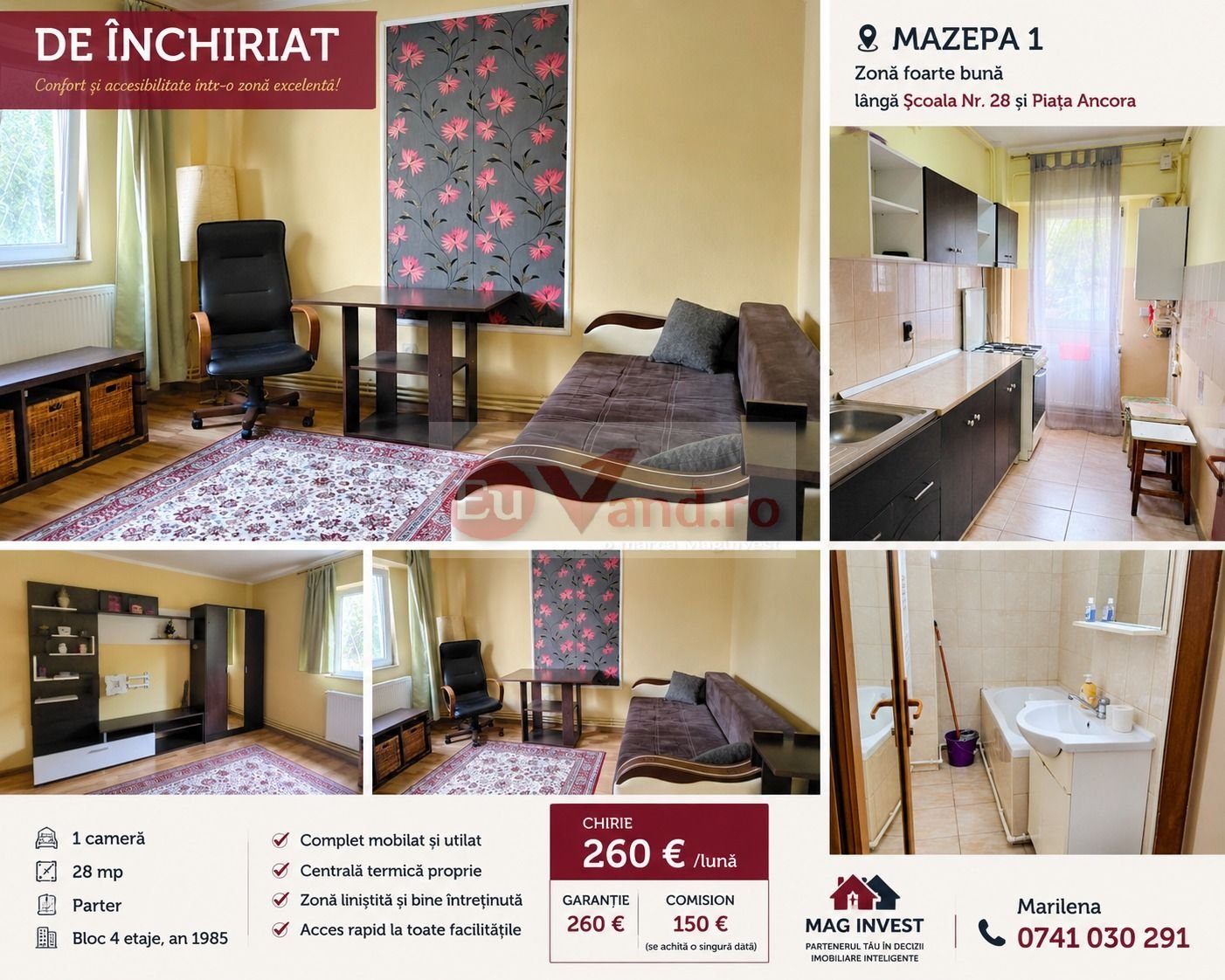 De inchiriat apartament cu o camera, parter, Mazepa 1, 280 euro
