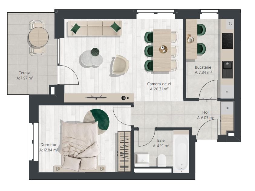 Apartament nou cu 2 camere, bucatarie inchisa | Denya Forest