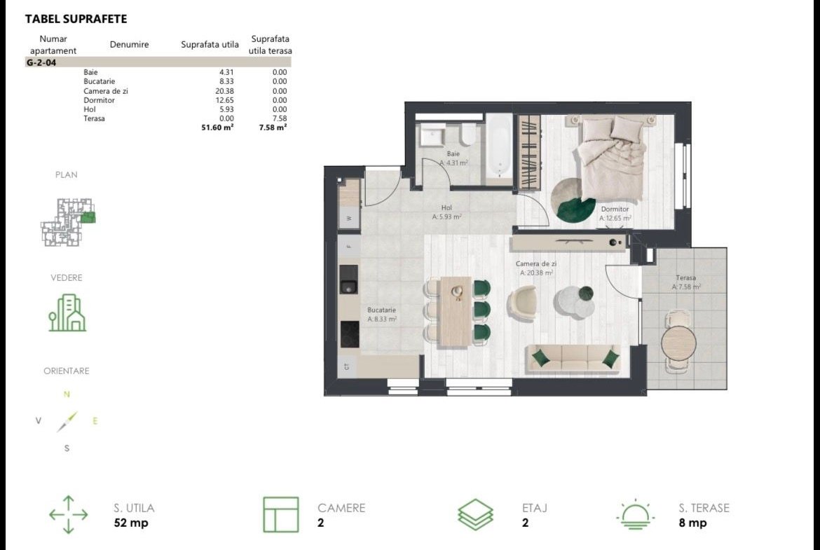 Apartament nou cu 2 camere, bucatarie inchisa | Denya Forest