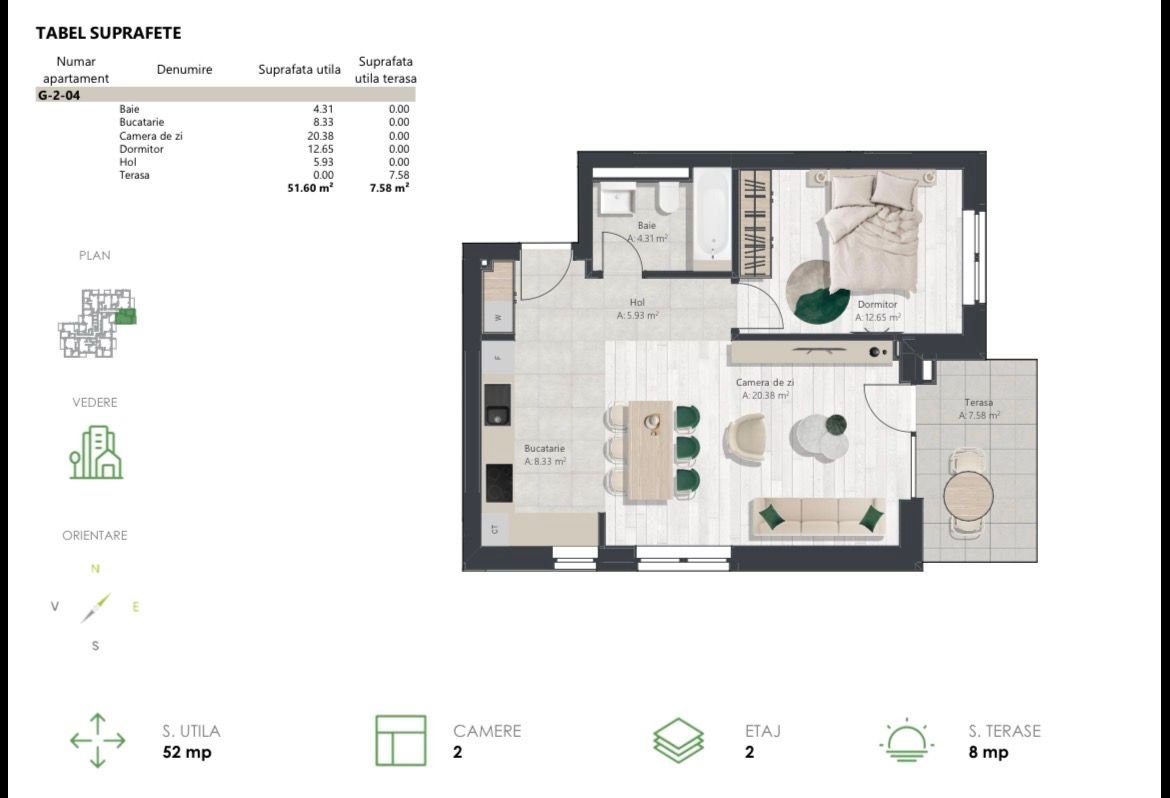 Apartament nou cu 2 camere, bucatarie inchisa | Denya Forest