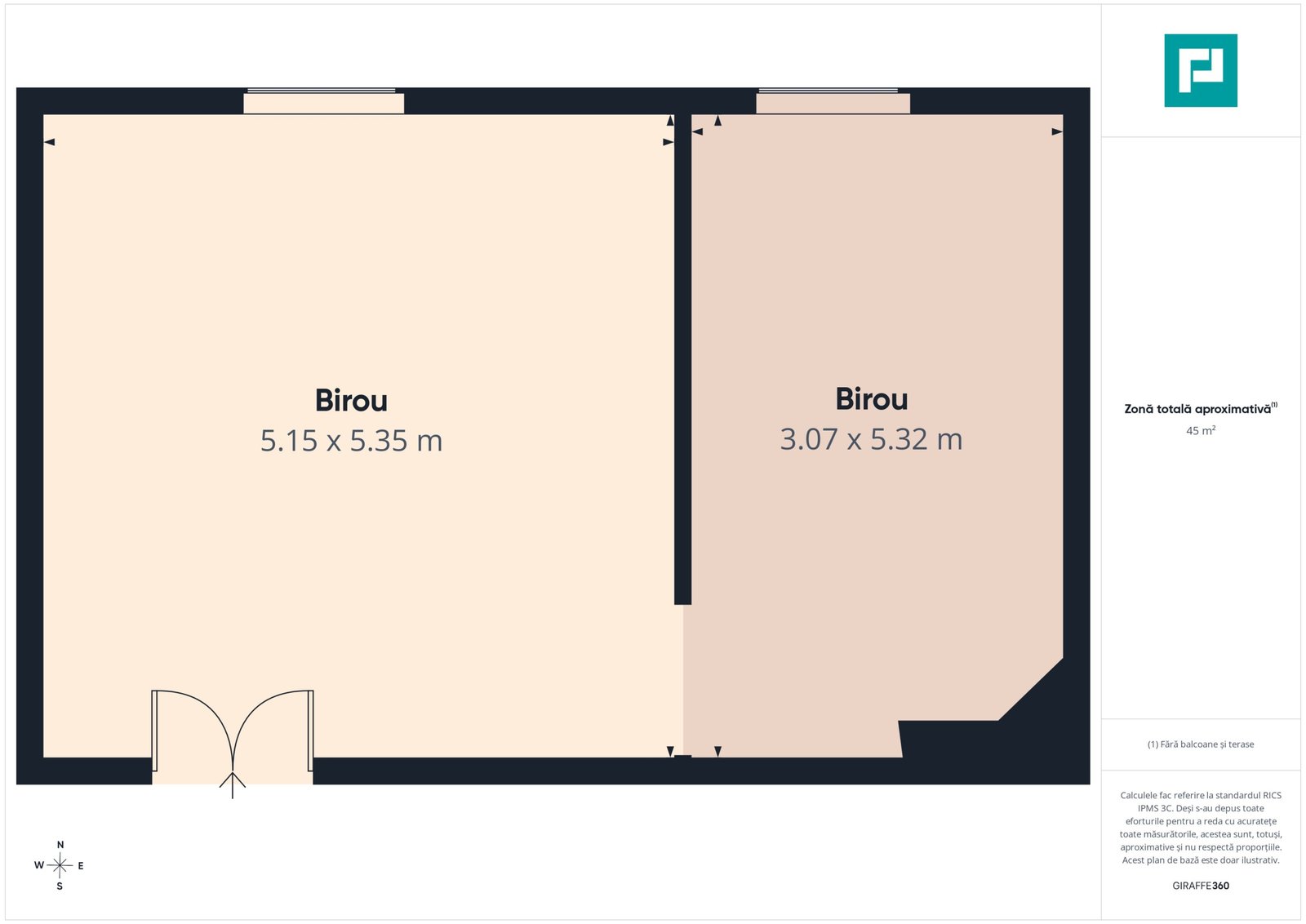 5c82514fb0644270af5daa538ac6cee5 Spațiu de birouri central | 45 mp | 2 camere