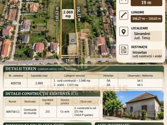 Teren 2.070 mp în Sânandrei, front 19 ml, casă locuibilă și utilități