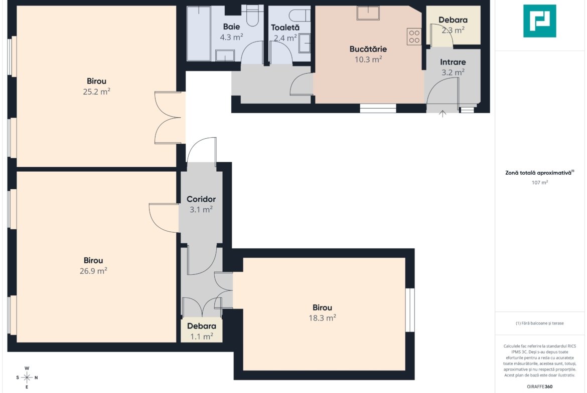 Spațiu de birouri | 3 camere | 107 mp | Central